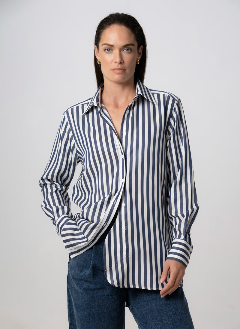 Max Navy Stripe Relaxed Fit Shirt in Tencel