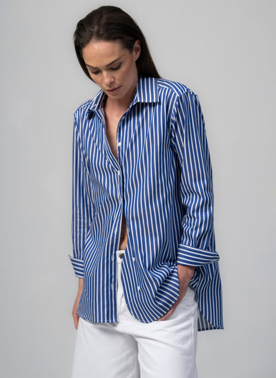 Max Blue & White Stripe Relaxed Fit Cotton Poplin Shirt