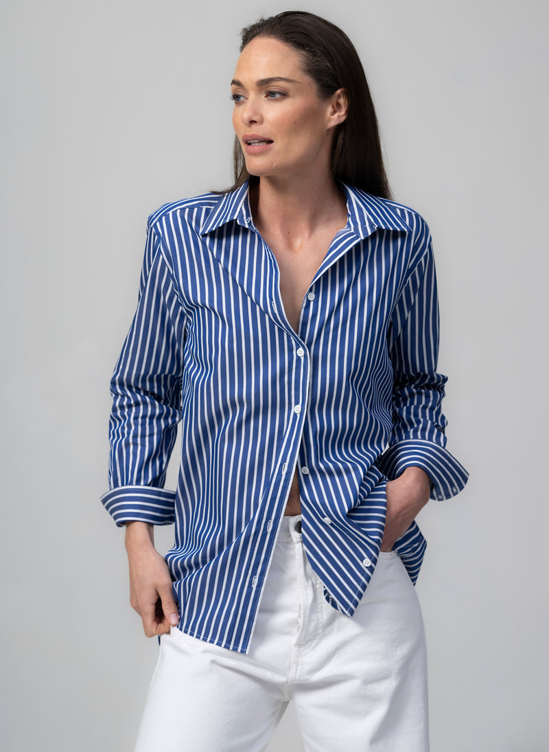 Max Blue & White Stripe Relaxed Fit Cotton Poplin Shirt