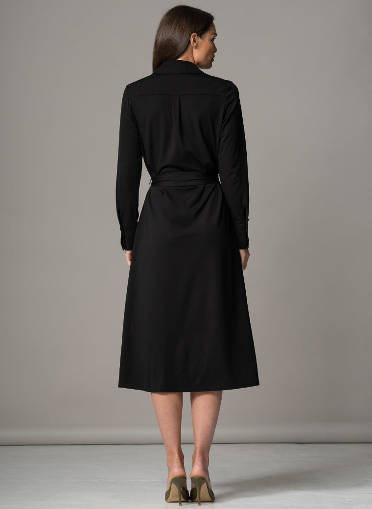 MELBOURNE BLACK PUNTA DI MILANO SCULPT KNIT EVERYDAY MIDI SHIRT DRESS