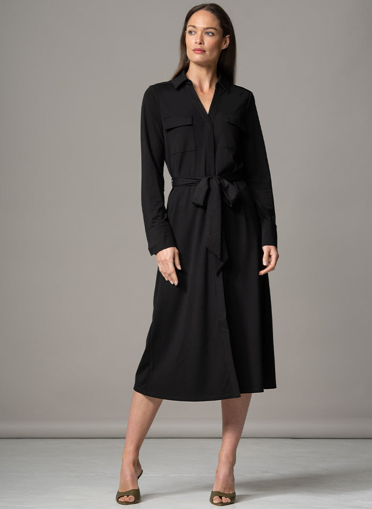 MELBOURNE BLACK PUNTA DI MILANO SCULPT KNIT EVERYDAY MIDI SHIRT DRESS