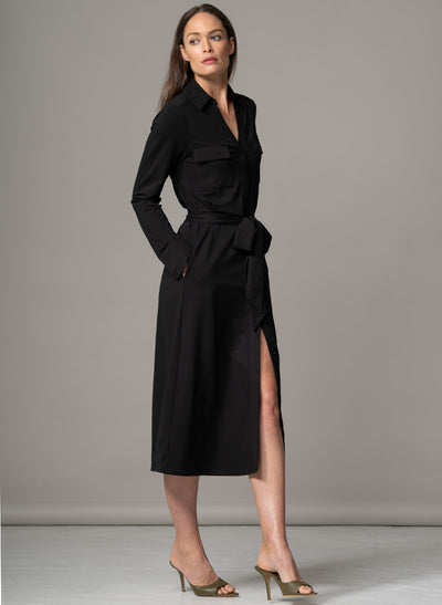 MELBOURNE BLACK PUNTA DI MILANO SCULPT KNIT EVERYDAY MIDI SHIRT DRESS