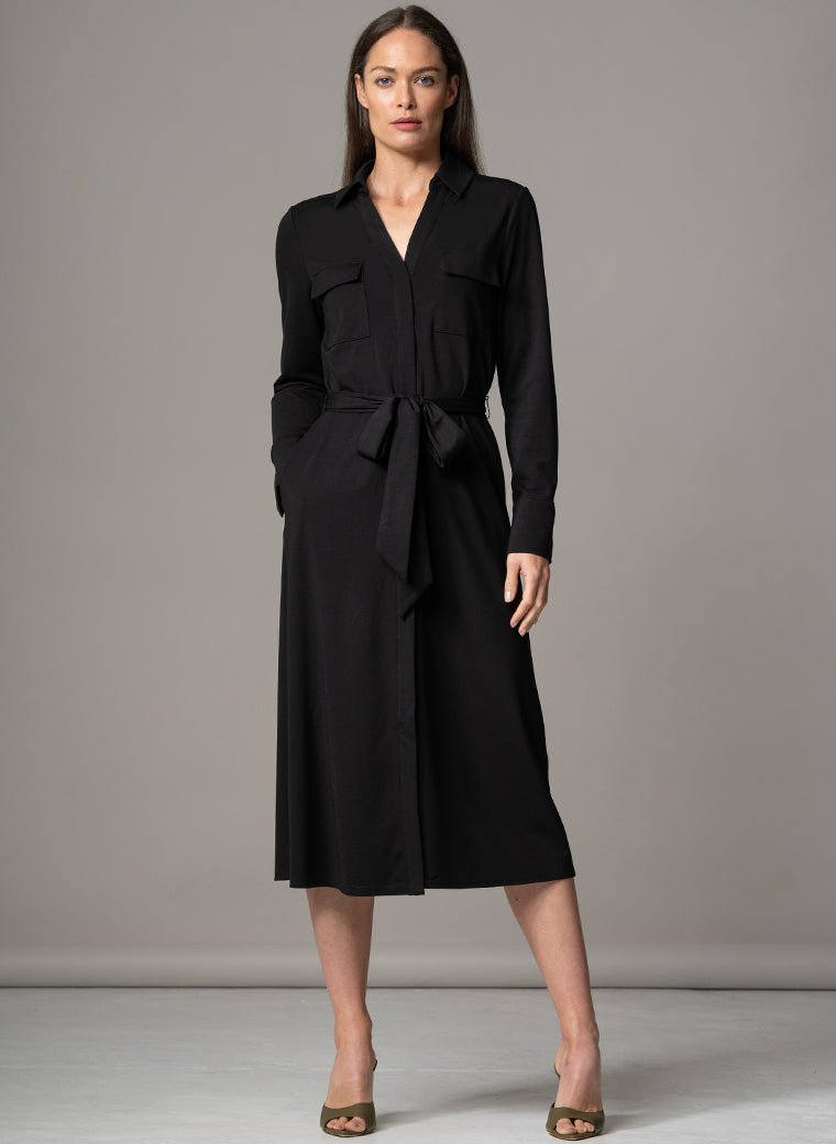 MELBOURNE BLACK PUNTA DI MILANO SCULPT KNIT EVERYDAY MIDI SHIRT DRESS