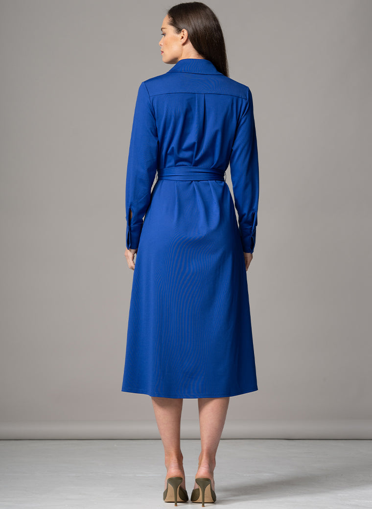 MELBOURNE ROYAL BLUE PUNTA DI MILANO SCULPT KNIT EVERYDAY MIDI SHIRT DRESS