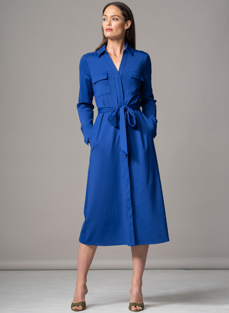 MELBOURNE ROYAL BLUE PUNTA DI MILANO SCULPT KNIT EVERYDAY MIDI SHIRT DRESS