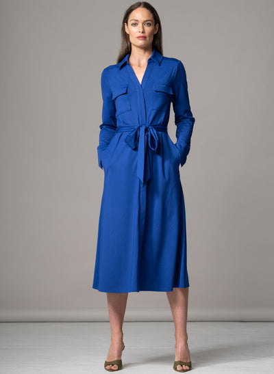 MELBOURNE ROYAL BLUE PUNTA DI MILANO SCULPT KNIT EVERYDAY MIDI SHIRT DRESS