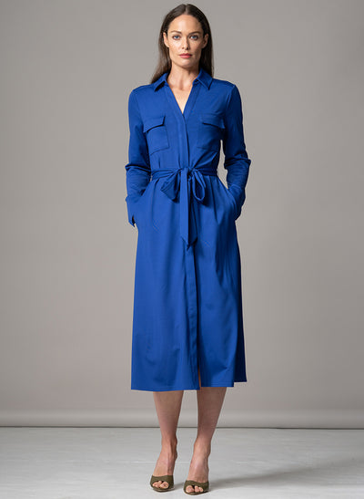 MELBOURNE ROYAL BLUE PUNTA DI MILANO SCULPT KNIT EVERYDAY MIDI SHIRT DRESS