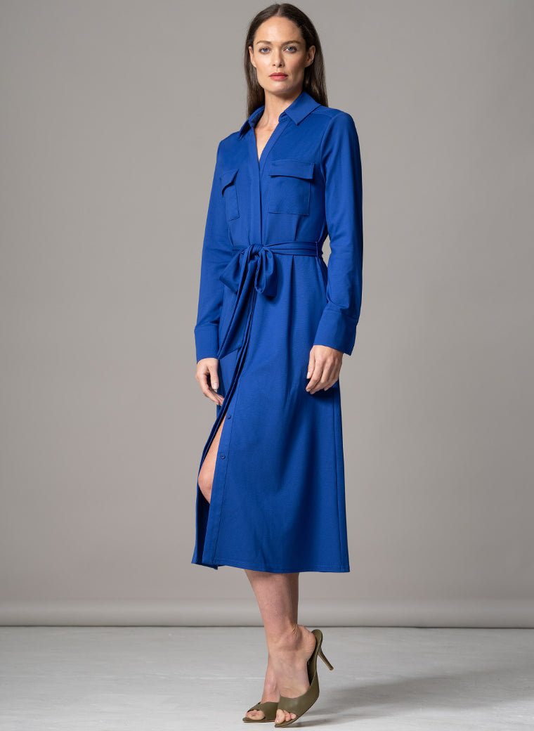 MELBOURNE ROYAL BLUE PUNTA DI MILANO SCULPT KNIT EVERYDAY MIDI SHIRT DRESS