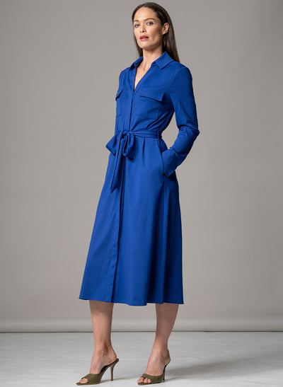 MELBOURNE ROYAL BLUE PUNTA DI MILANO SCULPT KNIT EVERYDAY MIDI SHIRT DRESS