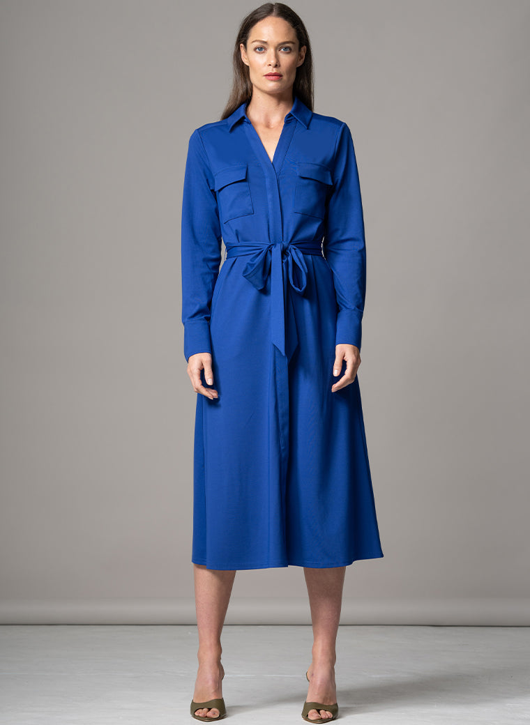 MELBOURNE ROYAL BLUE PUNTA DI MILANO SCULPT KNIT EVERYDAY MIDI SHIRT DRESS