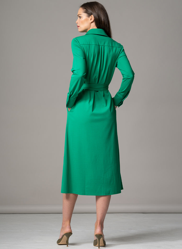 MELBOURNE GREEN PUNTA DI MILANO SCULPT KNIT EVERYDAY MIDI SHIRT DRESS