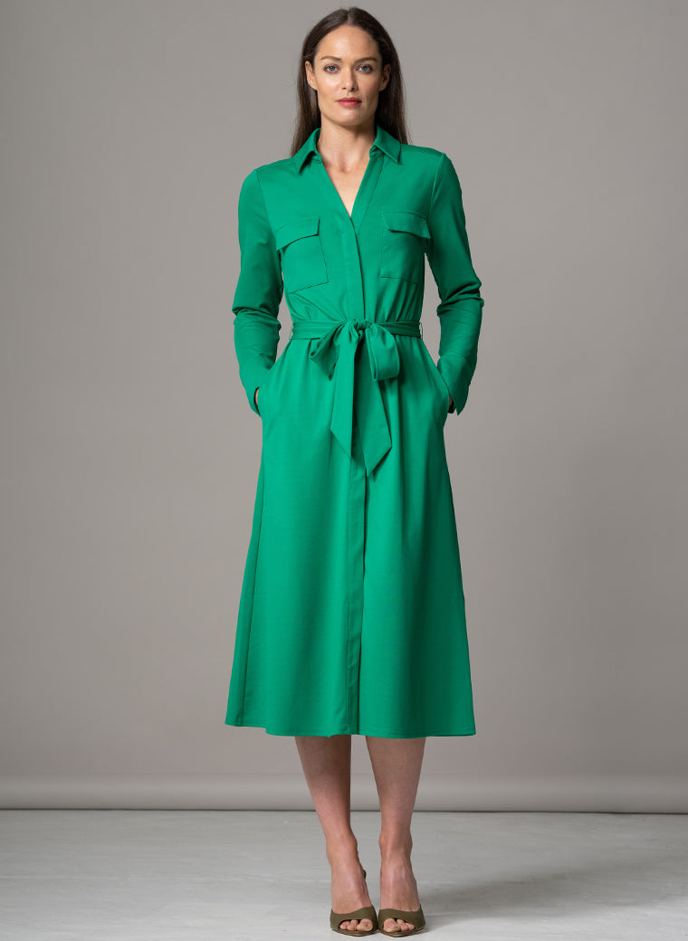 MELBOURNE GREEN PUNTA DI MILANO SCULPT KNIT EVERYDAY MIDI SHIRT DRESS