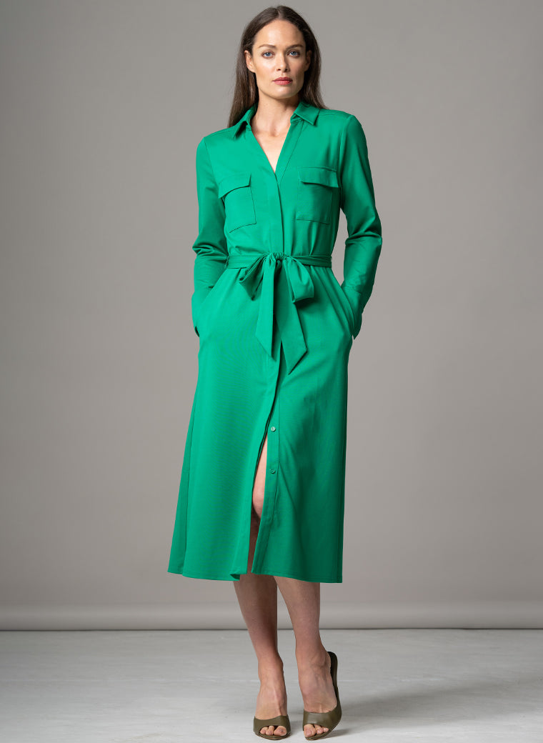 MELBOURNE GREEN PUNTA DI MILANO SCULPT KNIT EVERYDAY MIDI SHIRT DRESS