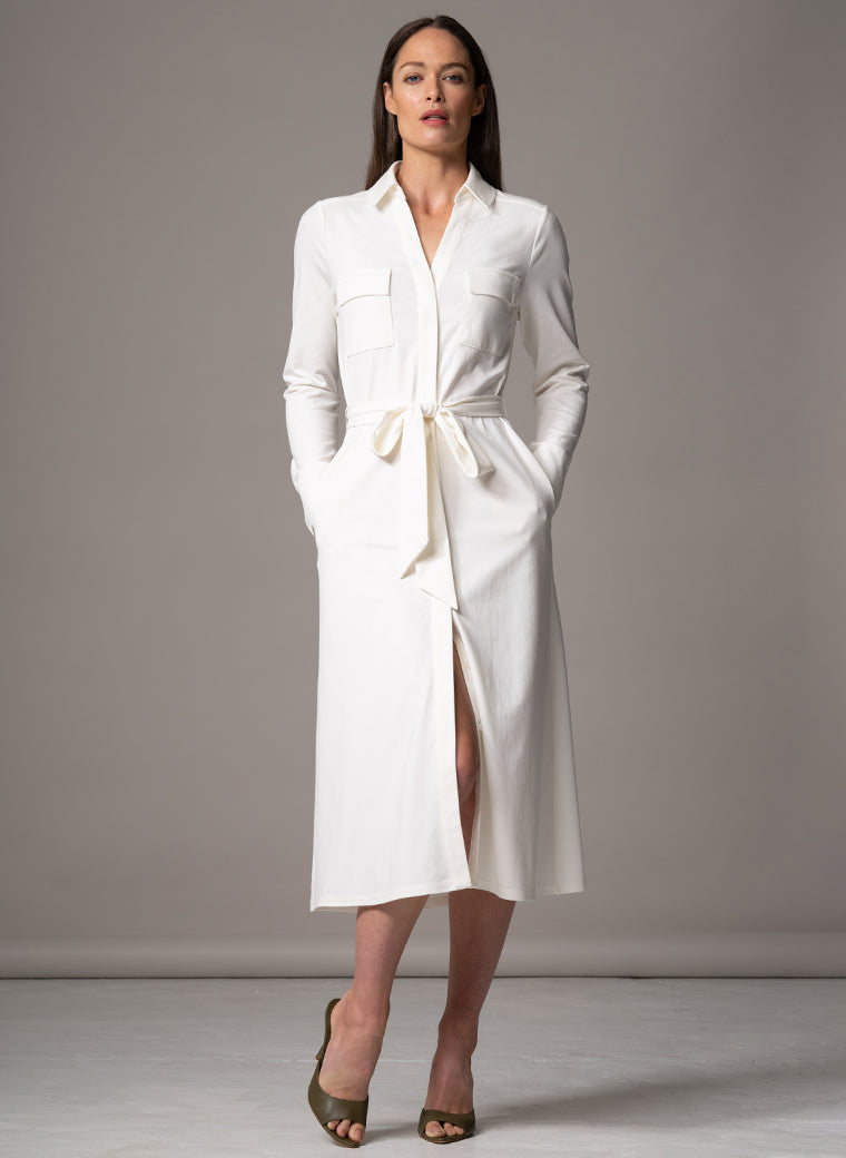 MELBOURNE IVORY PUNTA DI MILANO SCULPT KNIT EVERYDAY MIDI SHIRT DRESS