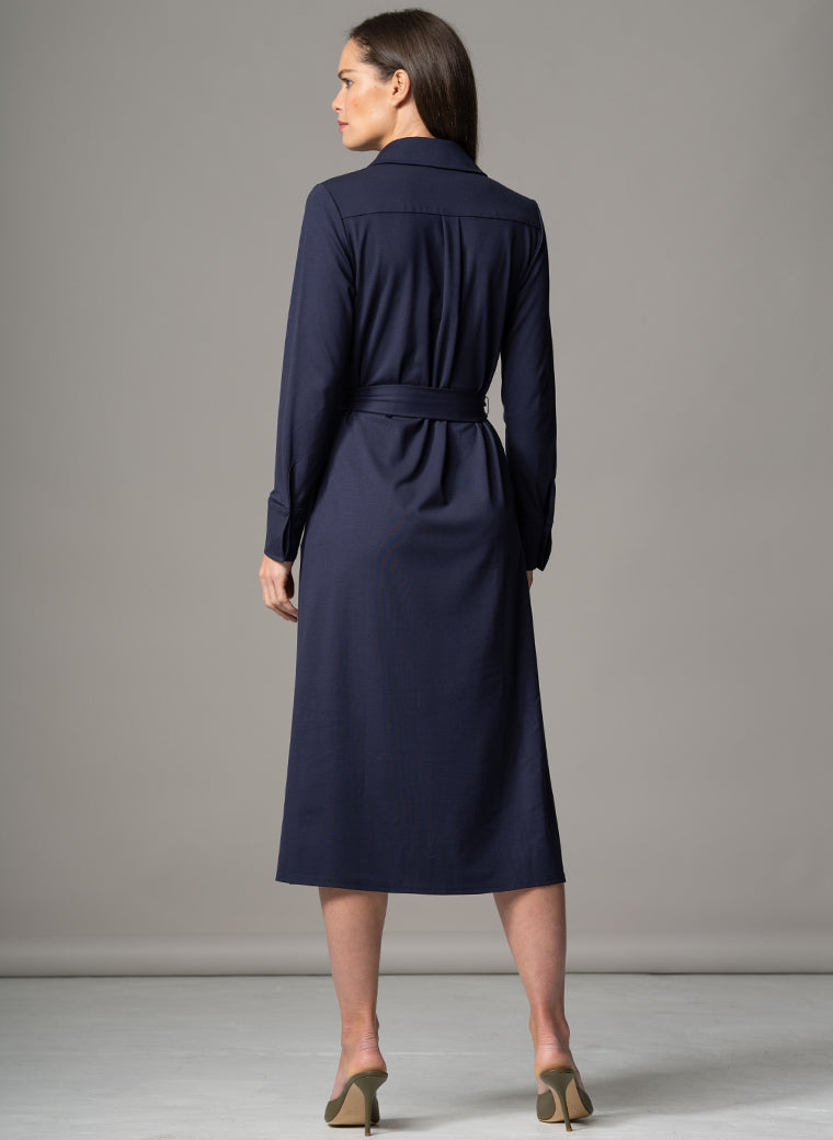 MELBOURNE NAVY PUNTA DI MILANO SCULPT KNIT EVERYDAY MIDI SHIRT DRESS