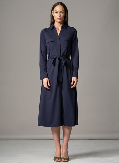 MELBOURNE NAVY PUNTA DI MILANO SCULPT KNIT EVERYDAY MIDI SHIRT DRESS