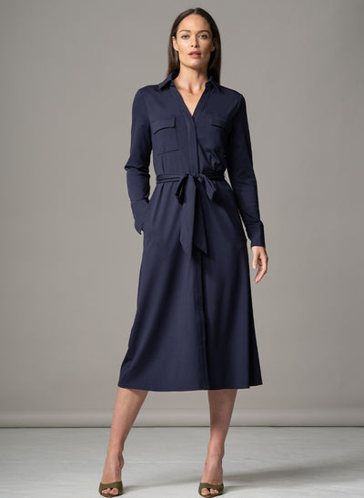 MELBOURNE NAVY PUNTA DI MILANO SCULPT KNIT EVERYDAY MIDI SHIRT DRESS