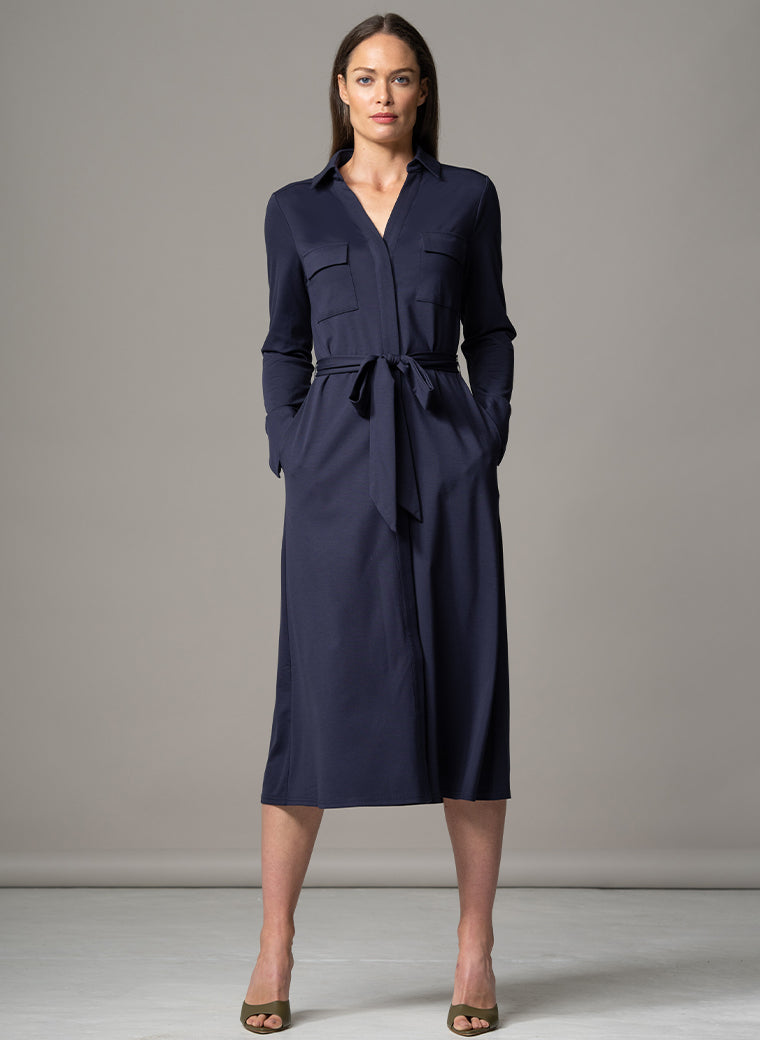 MELBOURNE NAVY PUNTA DI MILANO SCULPT KNIT EVERYDAY MIDI SHIRT DRESS