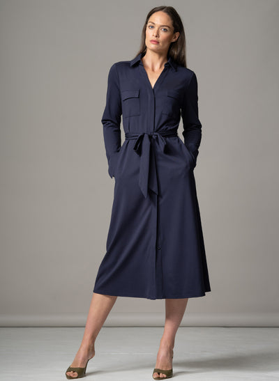 MELBOURNE NAVY PUNTA DI MILANO SCULPT KNIT EVERYDAY MIDI SHIRT DRESS