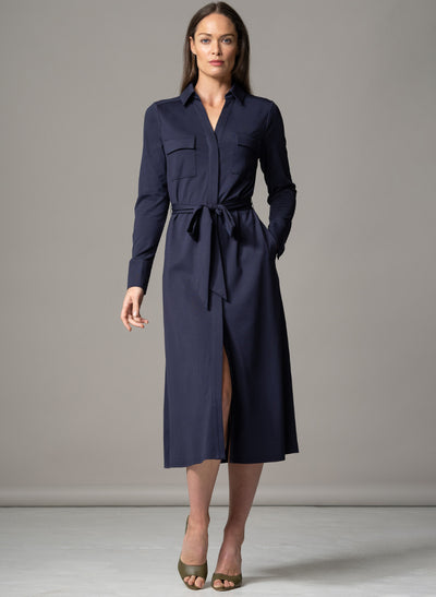 MELBOURNE NAVY PUNTA DI MILANO SCULPT KNIT EVERYDAY MIDI SHIRT DRESS