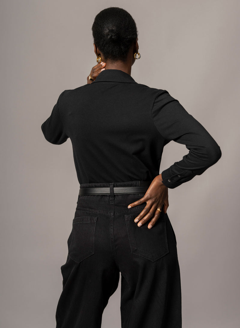 Meredith Black Comfortable Cotton Jersey Open Collar Shirt