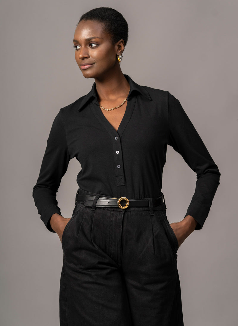 Meredith Black Comfortable Cotton Jersey Open Collar Shirt
