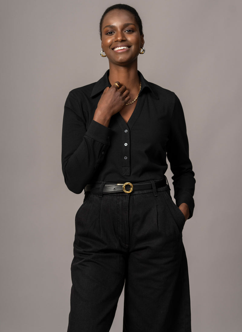 Meredith Black Comfortable Cotton Jersey Open Collar Shirt