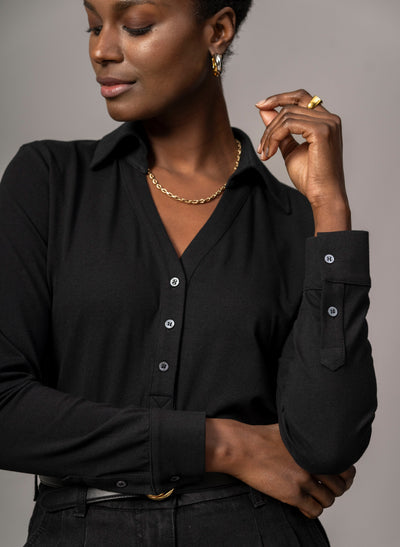 Meredith Black Comfortable Cotton Jersey Open Collar Shirt