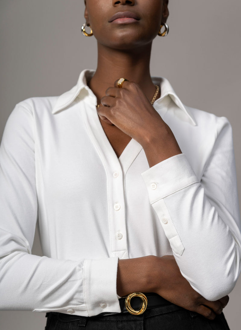 Meredith White Comfortable Cotton Jersey Open Collar Shirt