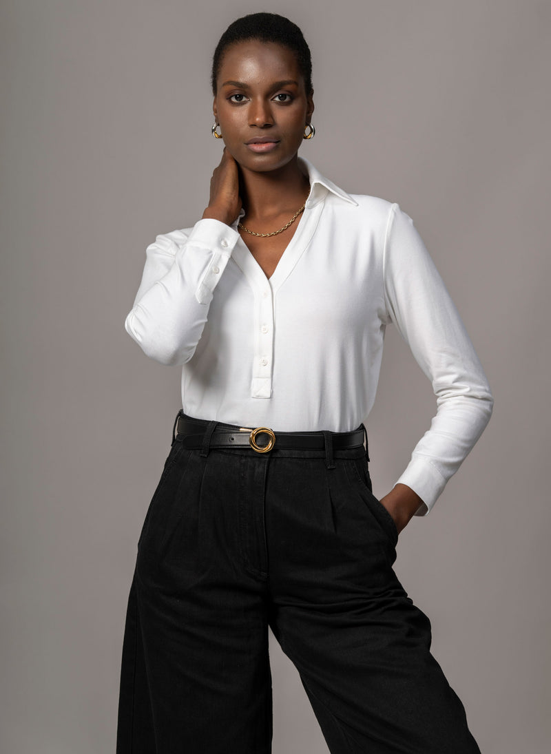 Meredith White Comfortable Cotton Jersey Open Collar Shirt
