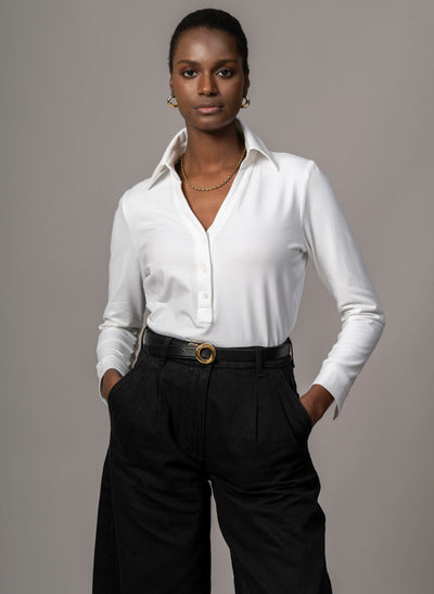 Meredith White Comfortable Cotton Jersey Open Collar Shirt
