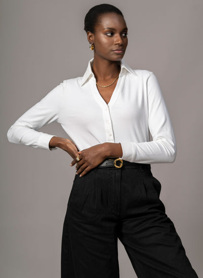 Meredith White Comfortable Cotton Jersey Open Collar Shirt