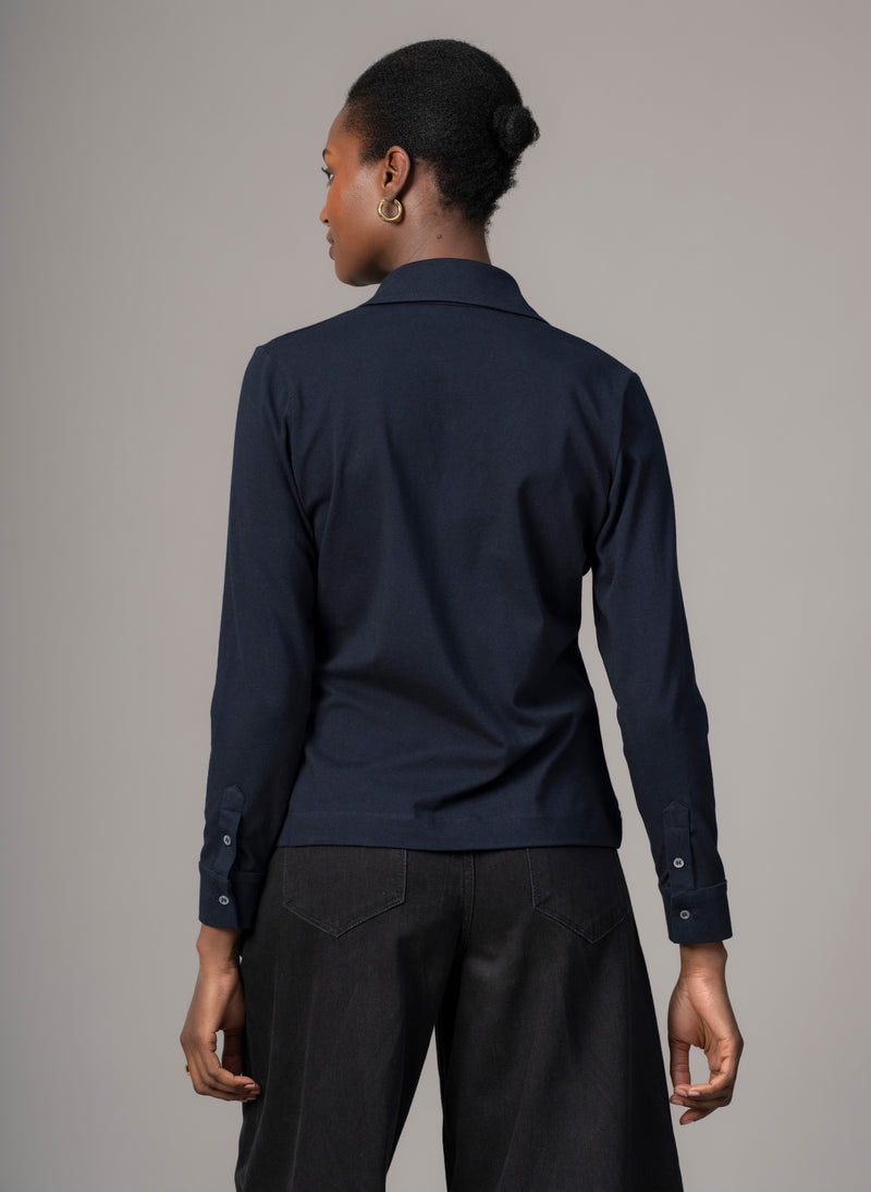 Meredith Navy Comfortable Cotton Jersey Open Collar Shirt