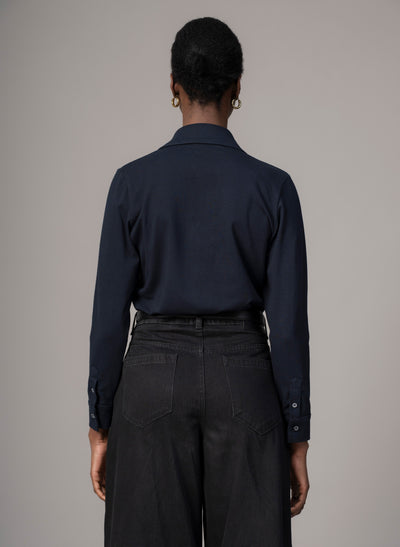 Meredith Navy Comfortable Cotton Jersey Open Collar Shirt