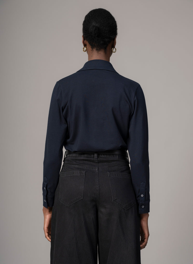 Meredith Navy Comfortable Cotton Jersey Open Collar Shirt