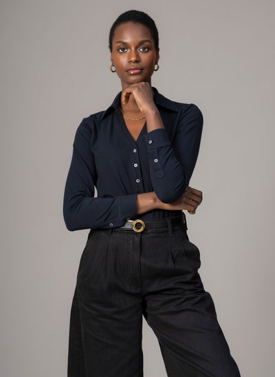 Meredith Navy Comfortable Cotton Jersey Open Collar Shirt
