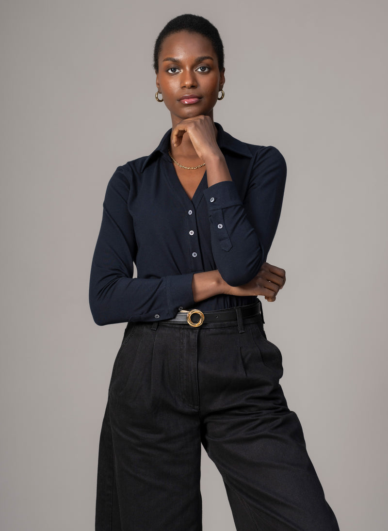 Meredith Navy Comfortable Cotton Jersey Open Collar Shirt