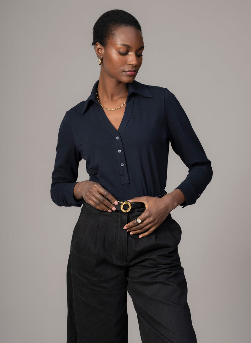 Meredith Navy Comfortable Cotton Jersey Open Collar Shirt
