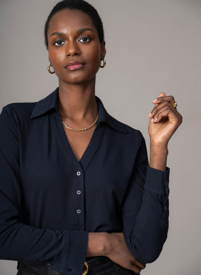 Meredith Navy Comfortable Cotton Jersey Open Collar Shirt