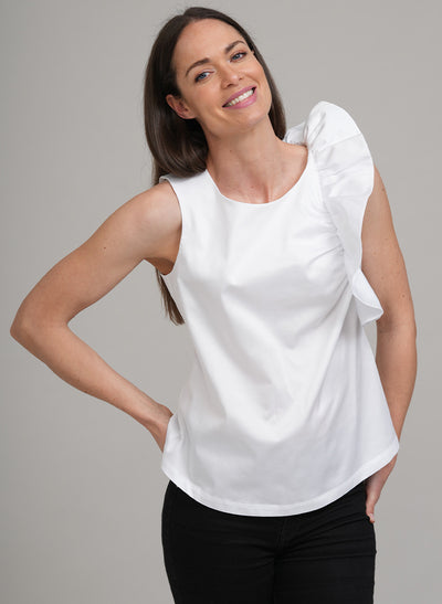 MIA WHITE STATEMENT RUFFLE SLEEVELESS SHIRT