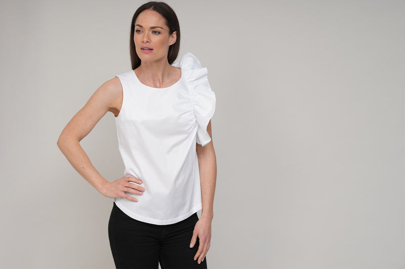 MIA WHITE STATEMENT RUFFLE SLEEVELESS SHIRT