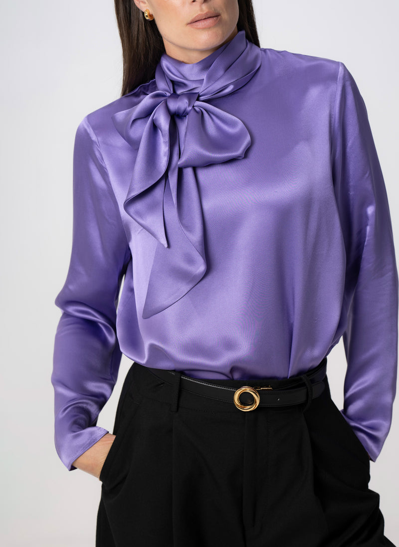 Mrs. Thatcher Amethyst Silk Pussybow Blouse