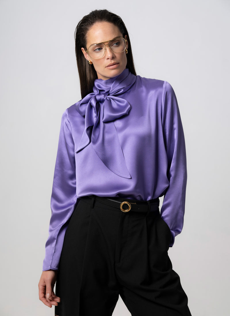 Mrs. Thatcher Amethyst Silk Pussybow Blouse