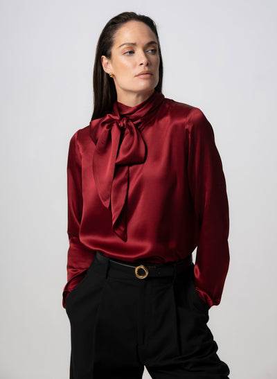 Mrs. Thatcher Claret Silk Pussybow Blouse