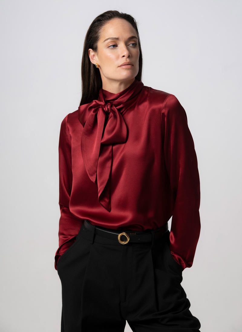 Mrs. Thatcher Claret Silk Pussybow Blouse
