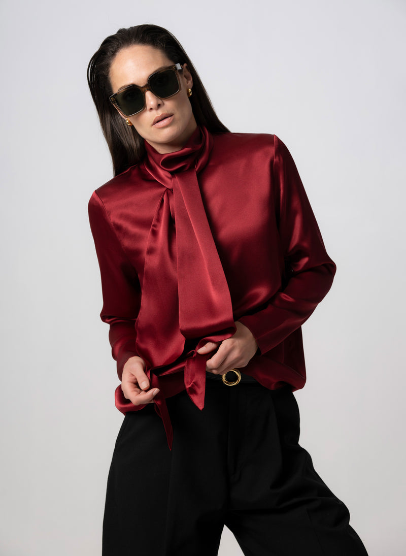 Mrs. Thatcher Claret Silk Pussybow Blouse