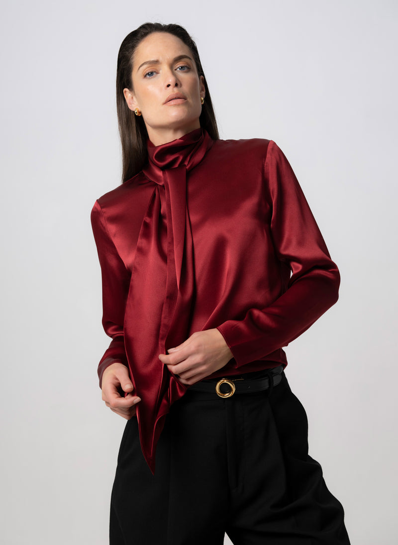 Mrs. Thatcher Claret Silk Pussybow Blouse