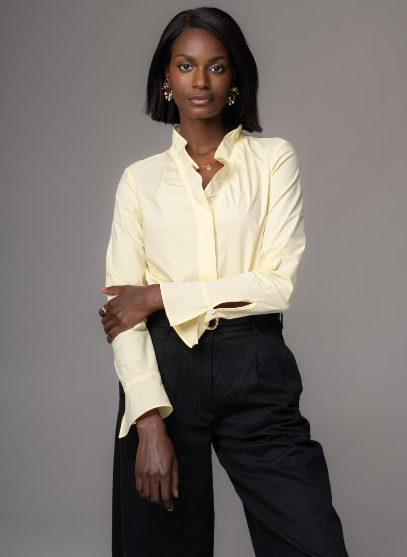 Nina Butter Yellow Longline Shirt with Gentle Frilled Collar