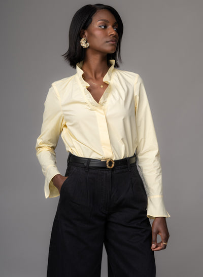 Nina Butter Yellow Longline Shirt with Gentle Frilled Collar