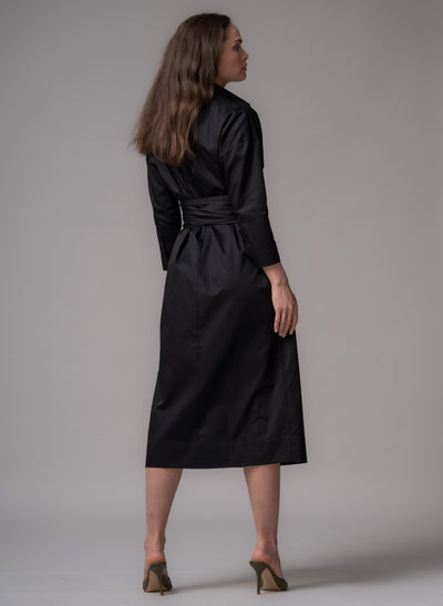 Ottilie Black Cotton Sateen Everyday Midi Shirt Dress